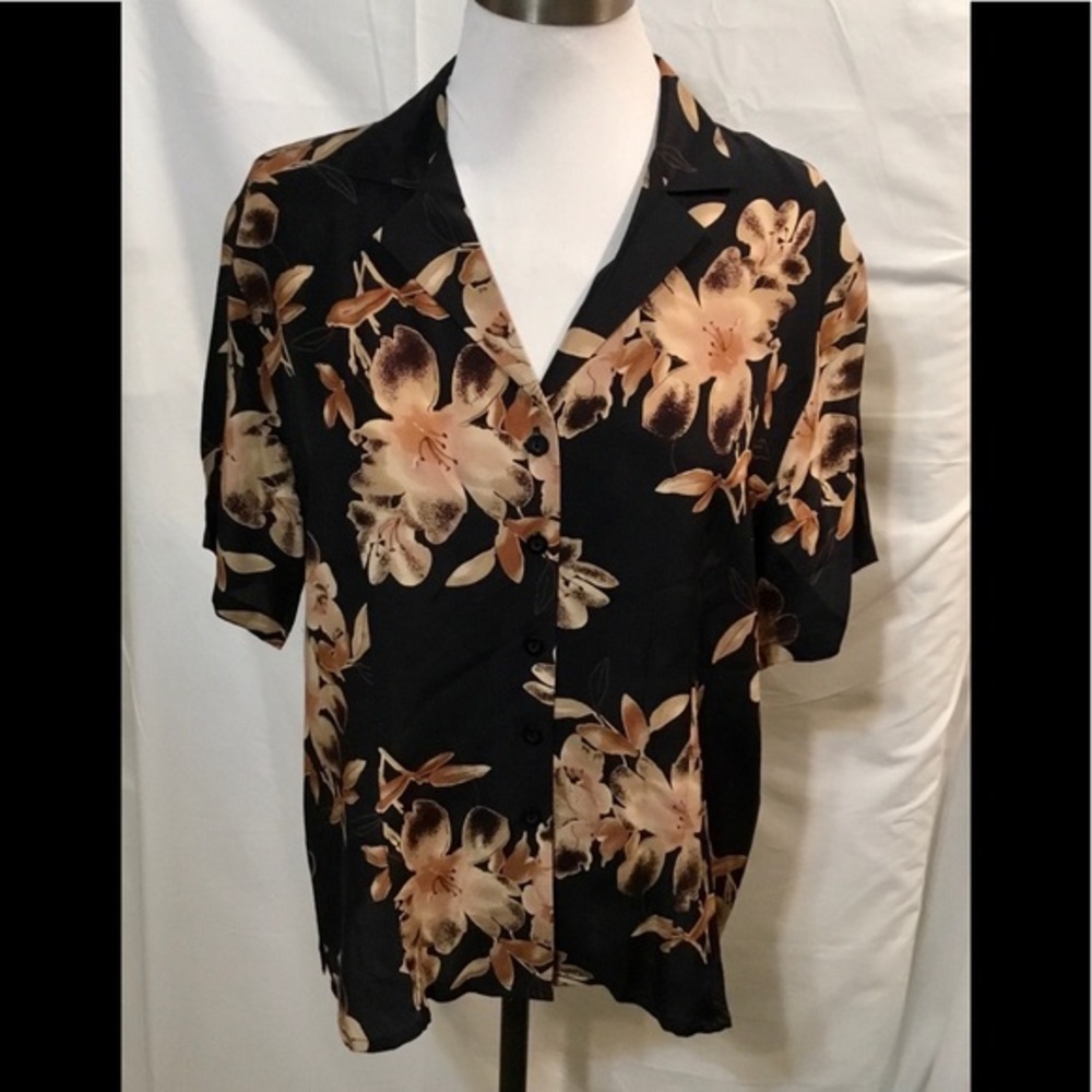 JKLA California Brown & Tan Floral Print Button Up Silk Top